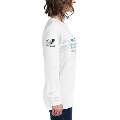 Side view of Psalms 23:4 faith long sleeve shirt on model right arm white
