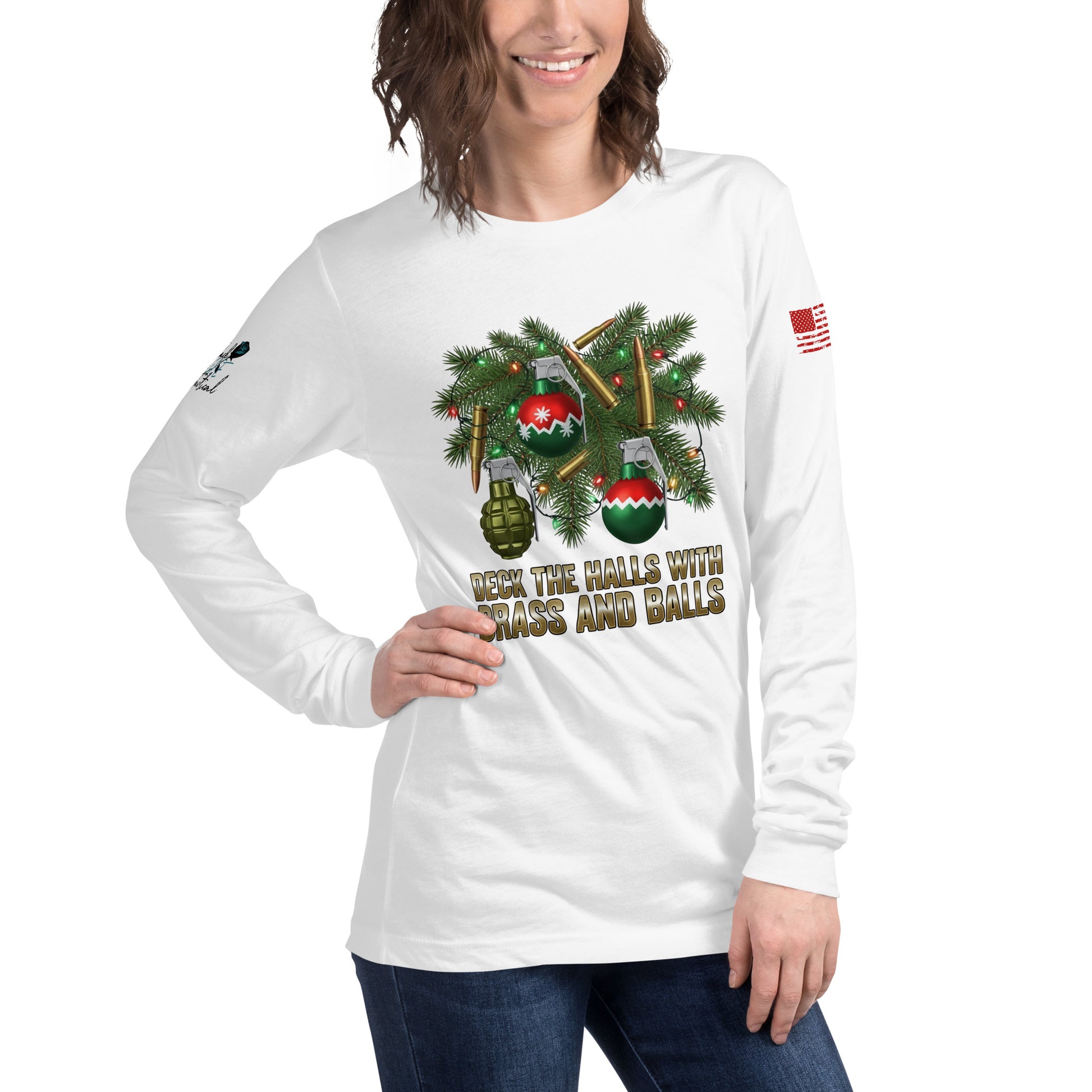 Close-up of Deck the Halls with Brass and Balls printed graphic on soft cotton long sleeve shirt white