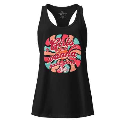 Front view of black Girls Just Wanna Have Guns racerback tank.