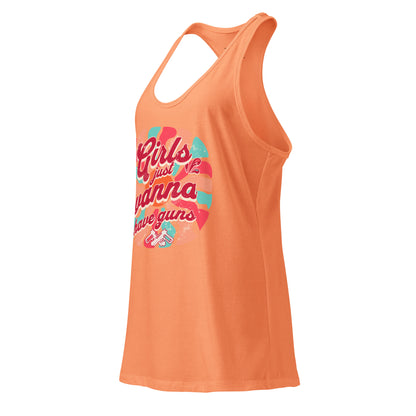 Orange tank top with colorful graphic design on a white background