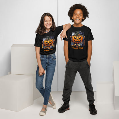 Kids Trigger Treat Halloween T-shirt with witch gun design, perfect for trick-or-treating and spooky season.