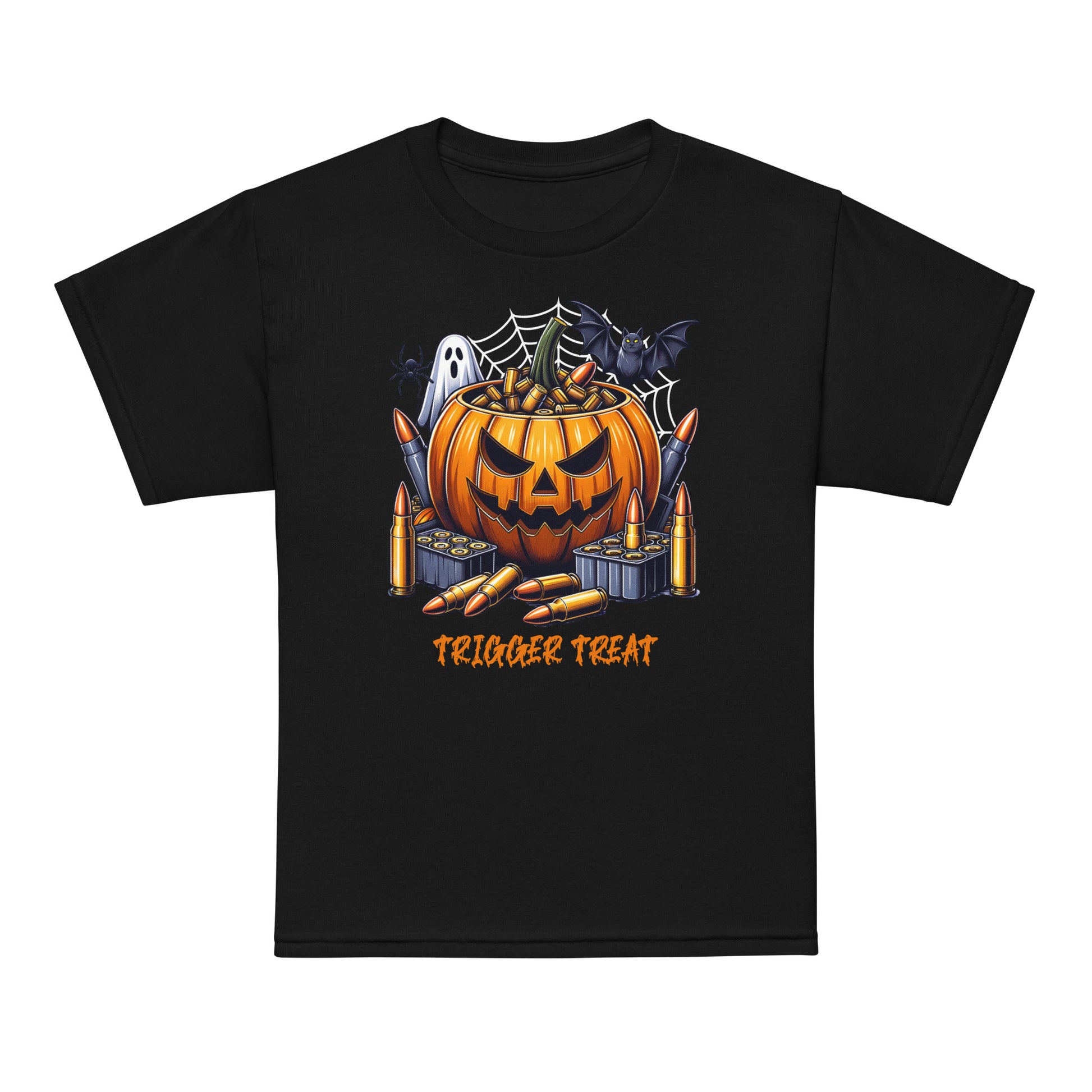 Youth Halloween graphic tee with Trigger Treat design, soft cotton polyester blend for comfort and durability.