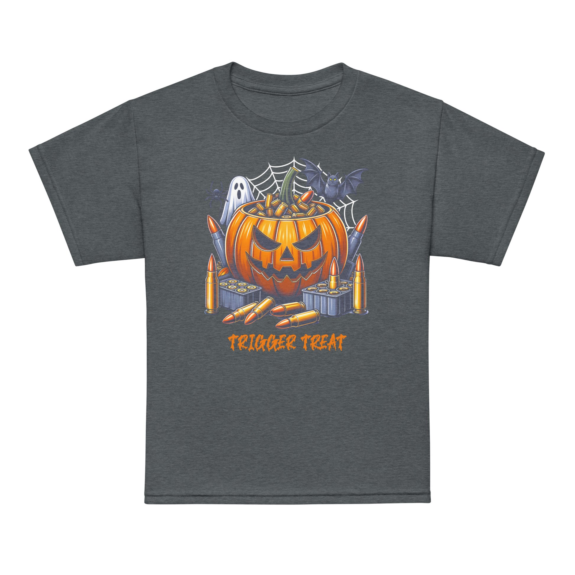 Funny kids Halloween shirt with gun and witch artwork, great for parties, school events, and trick-or-treating.