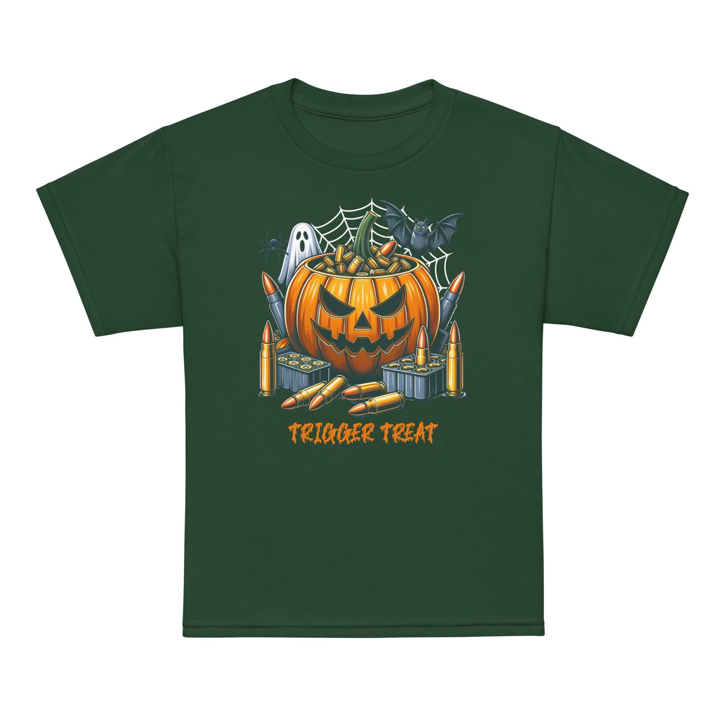 Kids spooky season T-shirt, Trigger Treat design in bold print, breathable fabric for all-day wear.