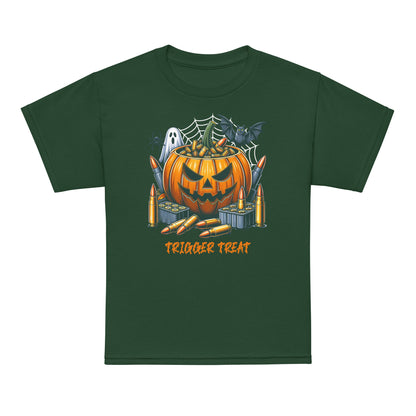 Kids spooky season T-shirt, Trigger Treat design in bold print, breathable fabric for all-day wear.