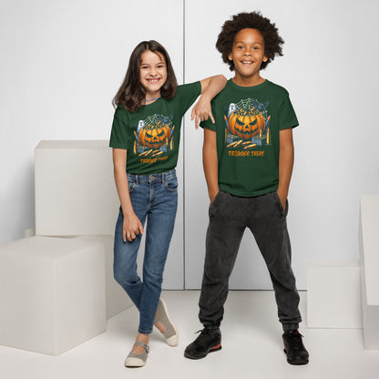 Two children wearing green t-shirts with a pumpkin design on a white background