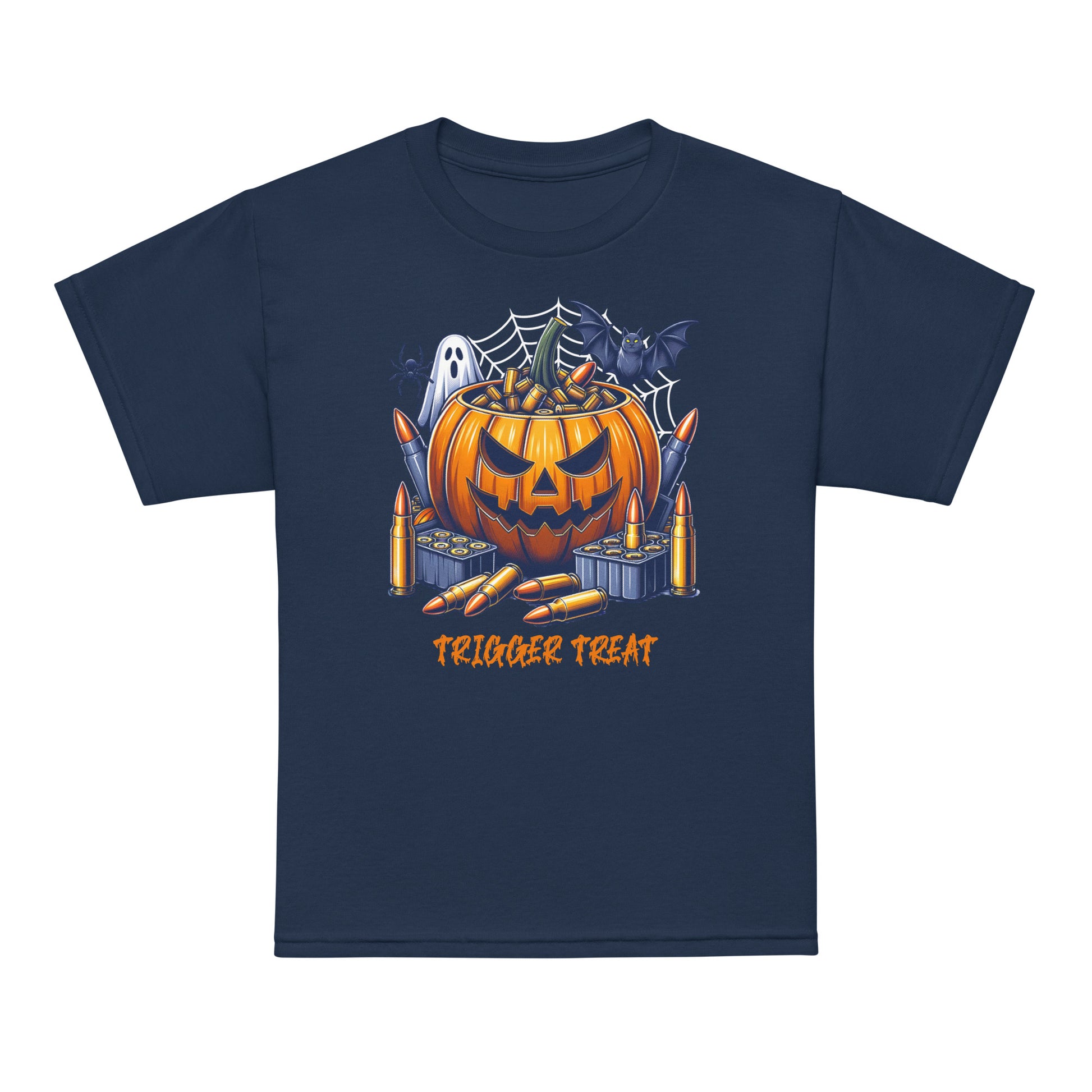 Youth Trigger Treat Halloween T-shirt, classic fit graphic tee, festive and fun for October celebrations.