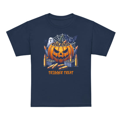 Youth Trigger Treat Halloween T-shirt, classic fit graphic tee, festive and fun for October celebrations.
